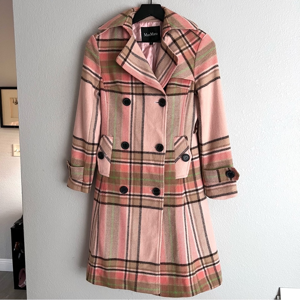 MaxMara Wool Plaid Trench Coat Size 36 (S) Pink Green